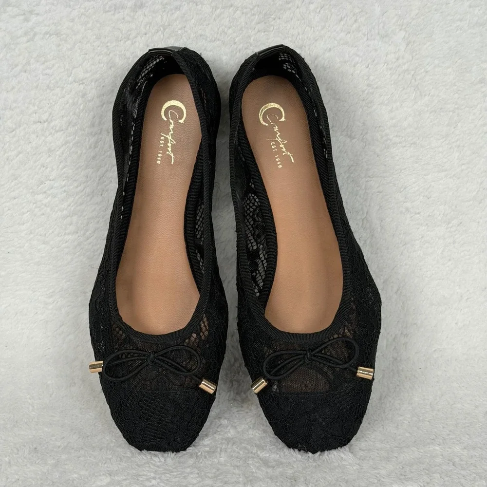 Comfort Ballet Flats Womens Size 8 Black Lace Mesh Square Toe Bow Slip On E-335